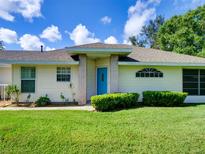 Well-maintained house with a bright blue front door and manicured lawn at 21945 King Henry Ave, Leesburg, FL 34748