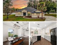 A split-screen view of home exterior, dining area and kitchen, showcasing the home's inviting atmosphere at 14701 Timucua Pl, Clermont, FL 34711