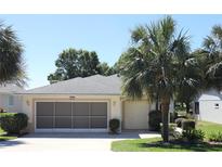 Charming single-story home boasts a two-car garage, landscaped yard, and mature palm trees, all under a clear blue sky at 5107 Aurora Dr, Leesburg, FL 34748