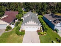 Charming home featuring a well-manicured lawn, beautiful landscaping, and an oversized two car garage at 973 Belle Oak Dr, Leesburg, FL 34748
