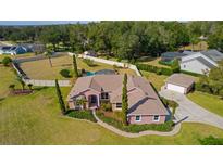 Aerial view of single-story house with pool and detached garage at 917 Hawk Lndg, Fruitland Park, FL 34731