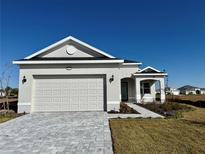 One-story home with gray siding, two-car garage, and a landscaped front yard at 8592 Hempstead Way, Mount Dora, FL 32757