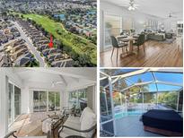 Real estate collage showcasing aerial view, living area, lanai, and pool at 3213 Archer Ave, The Villages, FL 32162