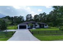 Stunning single-story home featuring a modern black and white exterior, lush lawn, and palm tree accents at 42157 Tamarac St, Eustis, FL 32736