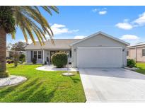 Single-story home with gray siding, attached garage, and well-manicured lawn at 1228 Zapata Pl, The Villages, FL 32159