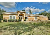 Attractive single-story home with a three-car garage and lush landscaping at 30629 Alder Ave, Eustis, FL 32736
