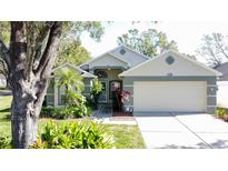 House exterior featuring a two-car garage and well-manicured lawn at 3817 Doune Way, Clermont, FL 34711