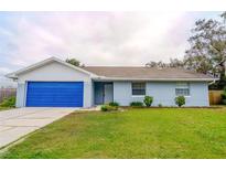 Charming ranch home with a blue garage door and well-manicured lawn at 817 Largo Ct, Apopka, FL 32703