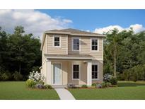 Two-story Craftsman style home with light beige siding, light blue door, and landscaping at 16734 Hamlin Vista Aly, Winter Garden, FL 34787