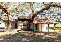 Tan house with brown roof, screened porch, and carport, nestled under large oak trees at 73 N Carol Ave, Mascotte, FL 34753