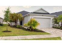 One-story home with gray siding, landscaping, and a two-car garage at 8675 Bridgeport Bay Cir, Mount Dora, FL 32757