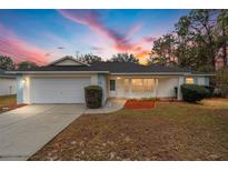 Single-story house with a white exterior, gray roof, and landscaped lawn at 26 Pecan Pass Run, Ocala, FL 34472