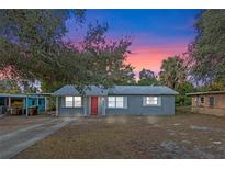 Gray house with red door, driveway, and mature landscaping at 1395 Morningside St, Mount Dora, FL 32757