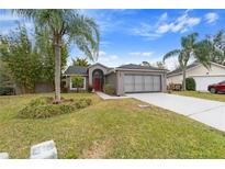 Single-story home with gray exterior, red door, and attached garage at 17121 Cypresswood Way, Clermont, FL 34714