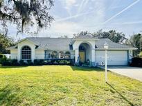 Single-story home with gray roof, arched entryway, and well-manicured lawn at 10108 Silver Bluff Dr, Leesburg, FL 34788