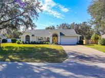 Single-story house with attached garage, lush lawn, and mature trees at 10108 Silver Bluff Dr, Leesburg, FL 34788