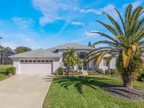 Charming single-story home with well-maintained landscaping, a two-car garage, and a large palm tree in the front yard at 5502 Bounty Cir, Tavares, FL 32778