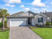 One-story home with gray siding, white garage door, and landscaped yard at 12213 Se 176Th Loop, Summerfield, FL 34491