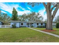 Cute light blue house with a spacious yard, walkway, and large tree at 1420 Anderson St, Clermont, FL 34711