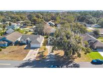 An aerial view of a charming single-story home in a well-maintained neighborhood with mature trees at 33352 Fountain Ln, Leesburg, FL 34788