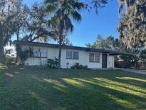 Ranch-style home with a white exterior, well-manicured lawn, and mature landscaping at 609 Scenic St, Leesburg, FL 34748