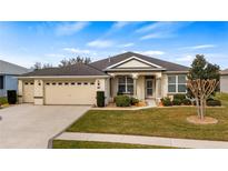 Single-story home with two-car garage, landscaping, and a spacious front yard at 26715 Manassas Dr, Leesburg, FL 34748