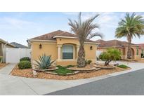 Tan house with a brown tile roof, landscaping, and a walkway at 583 Arruda Ter, The Villages, FL 32162