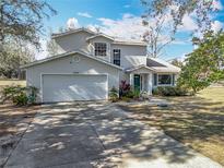 Two-story house with a white exterior, two-car garage, and landscaped yard at 32531 Wolfs Trl, Sorrento, FL 32776