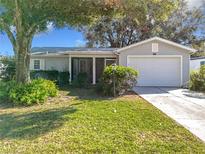 Cute one-story home with a large tree, a screened porch, and a two-car garage at 4622 Destrehan, Leesburg, FL 34748