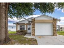 One-story house with stone accents, a white garage door, and a landscaped yard at 9 Cayman Cir, Umatilla, FL 32784