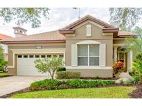 Tan one-story house with a two-car garage and lush landscaping at 25921 San Rafael Ct, Howey In The Hills, FL 34737