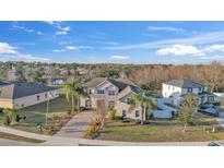 Two-story home featuring manicured landscaping and a long, patterned driveway lined with palm trees at 3463 Creek Run Ln, Eustis, FL 32736