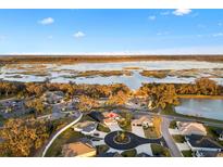 Beautiful aerial view of neighborhood homes located near a tranquil lake under clear blue skies at 4515 Biggs Pl, The Villages, FL 32163