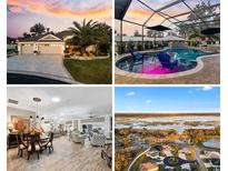 Real estate collage featuring an exterior, pool, an open concept dining-living area, and an aerial view at 4515 Biggs Pl, The Villages, FL 32163
