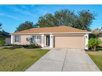 Tan one-story house with a two-car garage and landscaped lawn at 733 Cherry Laurel St, Minneola, FL 34715