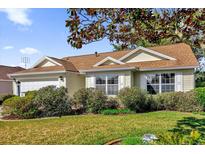 One-story house with a brown roof, beige siding, and well-manicured lawn at 3001 Saint Thomas Ln, The Villages, FL 32162