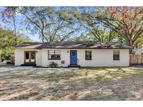 Cute ranch home with a large front yard and a blue door at 307 Park Ave, Groveland, FL 34736