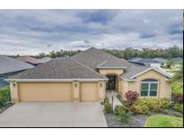 Charming single-story home with well-manicured landscaping and a three-car garage on an overcast day at 5424 Donahe Path, The Villages, FL 32163