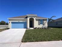 Charming single-story home with a bright blue garage door and well-manicured lawn at 2854 Supermarine Rd, Tavares, FL 32778