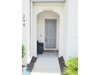 Inviting entryway with a gray front door, welcome mat, and neutral tones at 294 Captiva Dr, Davenport, FL 33896