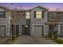 Charming townhouse with gray exterior, single-car garage, and manicured landscaping at 5435 Dragonfly Dr, Wildwood, FL 34785