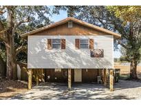 Exterior shot of stilt home with tan siding, brown shutters, basketball hoop and surrounded by mature trees at 6490 Se 180Th Avenue Rd, Ocklawaha, FL 32179