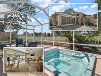 Beautiful home featuring screened patio with furniture, hot tub, and charming exterior elevation at 932 Medira Dr, The Villages, FL 32159