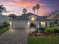 Beautiful home exterior with a brick driveway, well-manicured lawn, professional landscaping, and a two-car garage at 17504 Se 119Th Cir, Summerfield, FL 34491