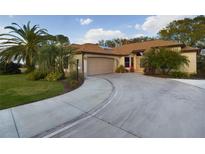 Charming single-story home featuring a well-maintained lawn, mature palms, and a curved driveway leading to the garage at 737 Bolivar St, The Villages, FL 32159