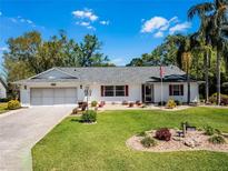 Charming single-story home with a well-manicured lawn, lovely landscaping, and an attached two-car garage at 27003 Racquet Cir, Leesburg, FL 34748