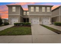 Modern townhomes with attached garages, concrete driveways, and manicured landscaping against a colorful sky at 255 Blueberry Ln, Davenport, FL 33837