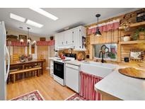 Quaint kitchen featuring skylights, wood paneling, white appliances and white cabinets at 313 Westwood Dr, Leesburg, FL 34748