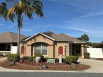 Charming single-story home with a well-manicured lawn and beautiful landscaping, plus a large palm tree at 483 Cammarano Pl, The Villages, FL 32162