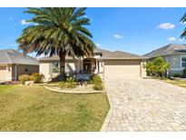 Charming single-story home with a paver driveway and lush landscaping, including a large palm tree at 1357 Owl Dr, The Villages, FL 32163